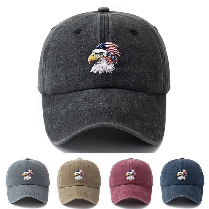 A Unisex Fashionable and Versatile Printed Floral Eagle Baseball Cap, Featuring a Classic Vintage Washed Outdoor Lightweight Curved Brim Design. Suitable for Outdoor Vacations, Travel, Camping, and Other Casual Occasions. Ideal for Holiday Parties