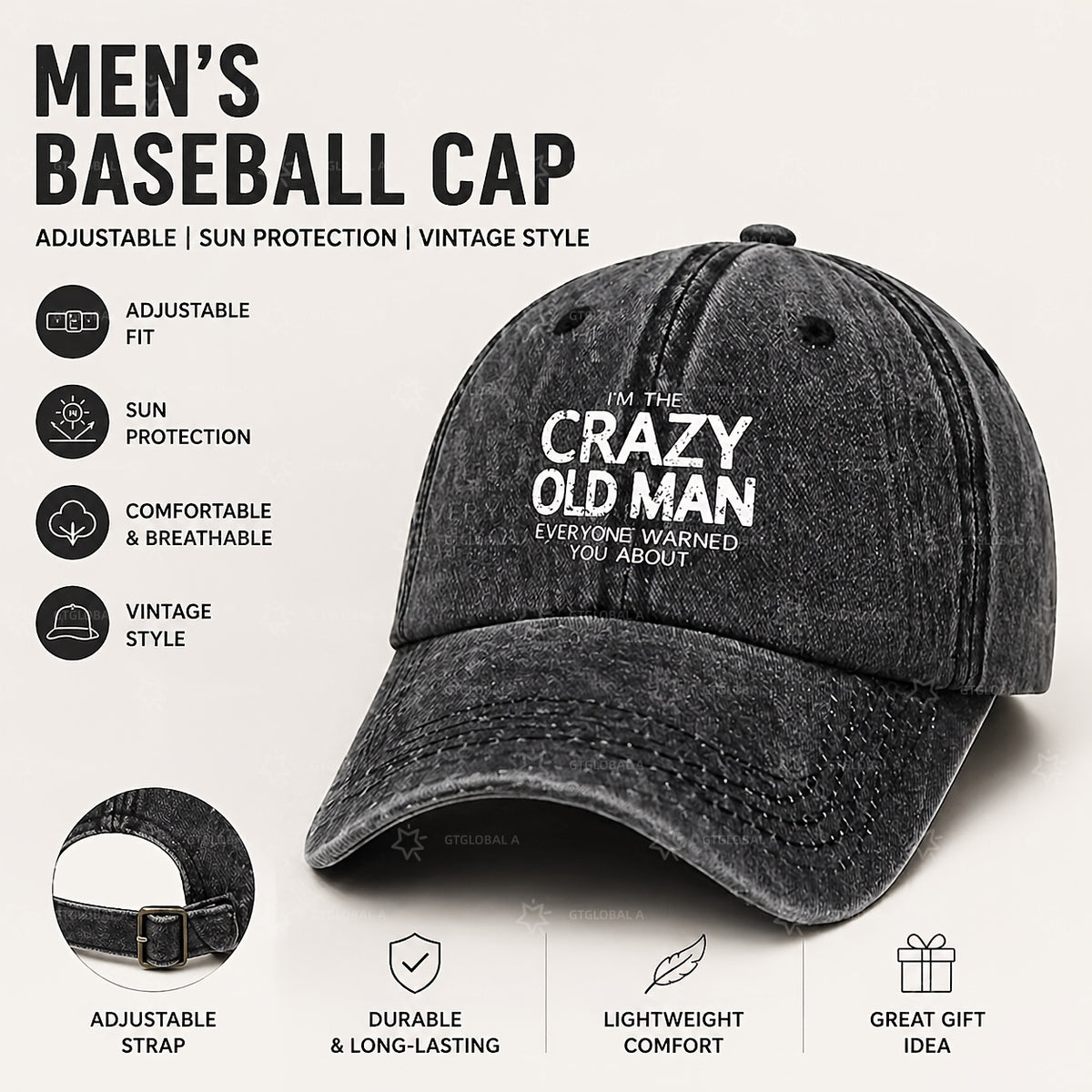 Casual Washed Cotton Printed Cap, Perfect for Home Use, Outings, Or As a Gift, an Ideal Choice for Holidays Such As New Year And Valentine'S Day, Fun Baseball Cap with Crazy Old Man Pattern, Men'S Style