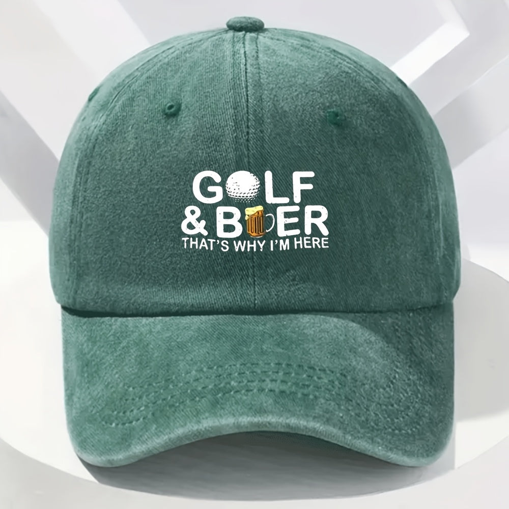1 "Golf & Beer" Printed Baseball Cap with a Bold "That's Why I'm Here" Slogan and Golf Ball Graphic, Unisex, Adjustable Casual Style Hat for Outdoor Parties, Festivals, Camping, Hip-hop Trucker Hats, Suitable for Outdoor Activities, Picnics