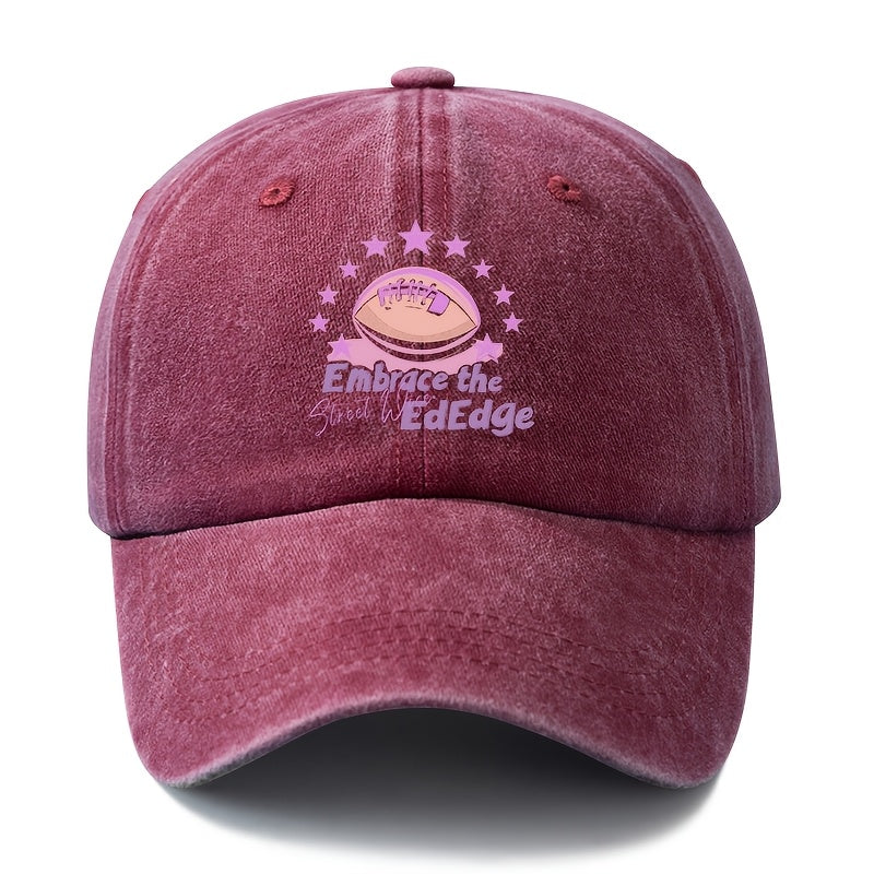 A Unisex Fashionable and Versatile Printed "Embrace the EdEdge" Baseball Cap, Featuring a Classic Vintage Washed Lightweight Curved Brim. This Trucker Baseball Cap Is Suitable for Casual Occasions Such as Outdoor Vacations, Travel, and Camping