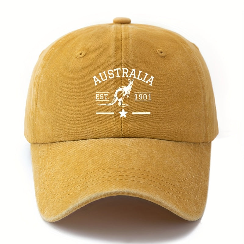 A Unisex Fashionable and Versatile Printed "AUSTRALIA" Baseball Cap with Kangaroo Logo, Featuring a Classic Vintage Washed Design, Lightweight Curved Brim, and Trucker Style. Ideal for Outdoor Vacations, Travel, Camping, and Other Casual Occasions