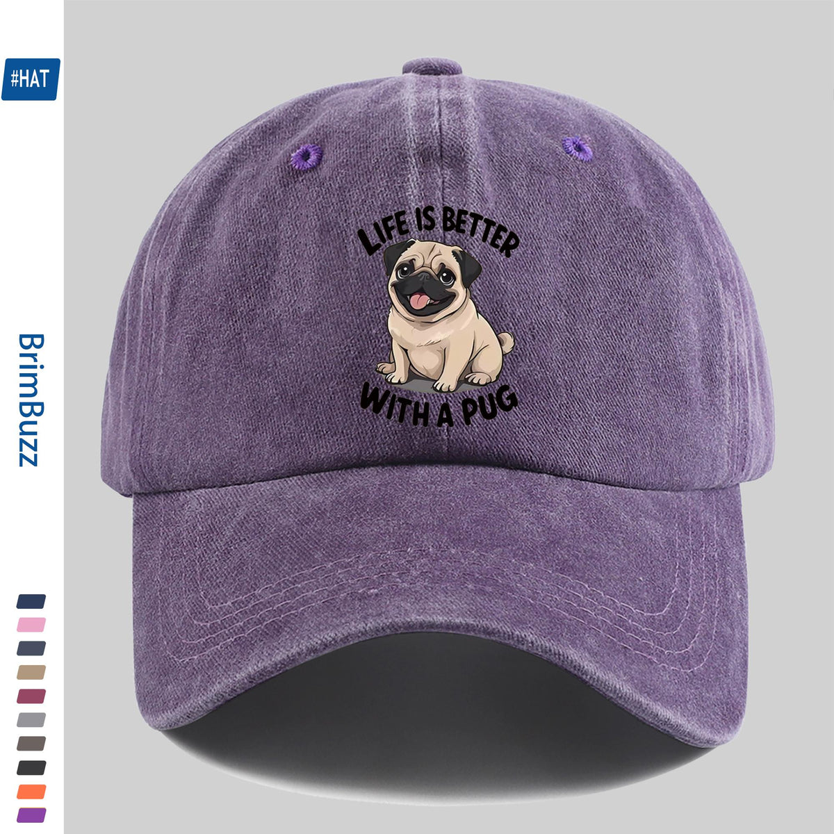 "Life Is Better with Pug" Baseball Cap | Lightweight And Adjustable, Made of Polyester, Suitable for Outdoor Activities, Travel, And Leisure, Vintage Style, with Embossed And Printed Maps