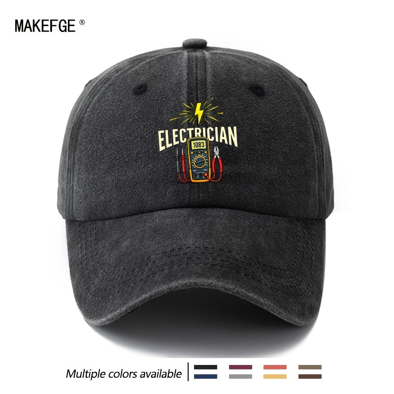 A Stylish And Versatile Unisex ELECTRICIAN Baseball Cap with a Printed Design, Featuring a Classic Retro Washed Look. This Lightweight Outdoor Cap Is Perfect for Truck Drivers And Suitable for Casual Occasions Like Outdoor Vacations, Camping