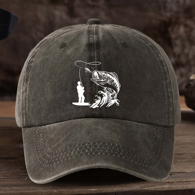 1pc Funny Fishing Print Outdoor Hat with Leaping Fish & Design - Breathable Six-Panel Cap, Durable Textile Fabric Suitable for Fishing Trips, Camping, Hiking - Unisex for Men & Women, Hand Washable ()