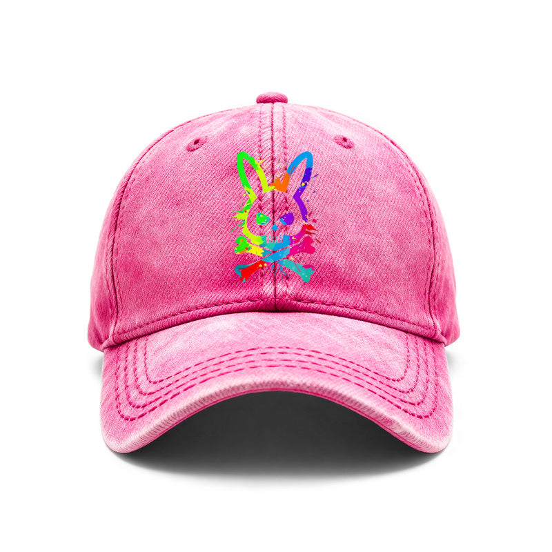 1pc of Vintage Washed Unisex Baseball Caps Featuring a Colorful Splatter Design with a Skull Rabbit Motif. These Adjustable Caps Are Perfect for Outdoor Activities And Casual Outings, Making Them Great Gifts for Both Men And Women