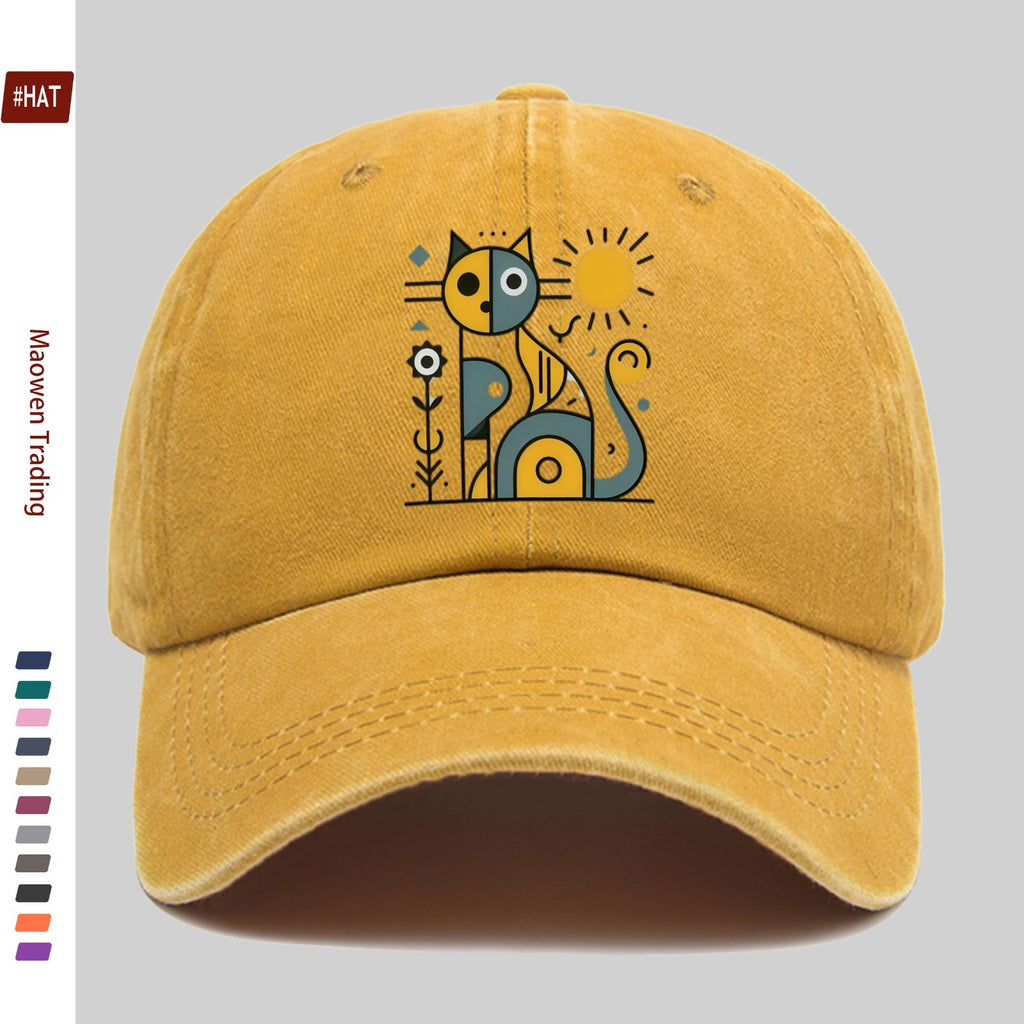 1 Abstract Cat and Sun Pattern Printed Baseball Cap, Unisex Design, Available in Multiple Colors, Papa Cap Is Comfortable, Lightweight, Washable, Vintage Style, American Street Skateboard Cap, Vintage Accessory, Exquisite Gift for Women, Fun and Cute