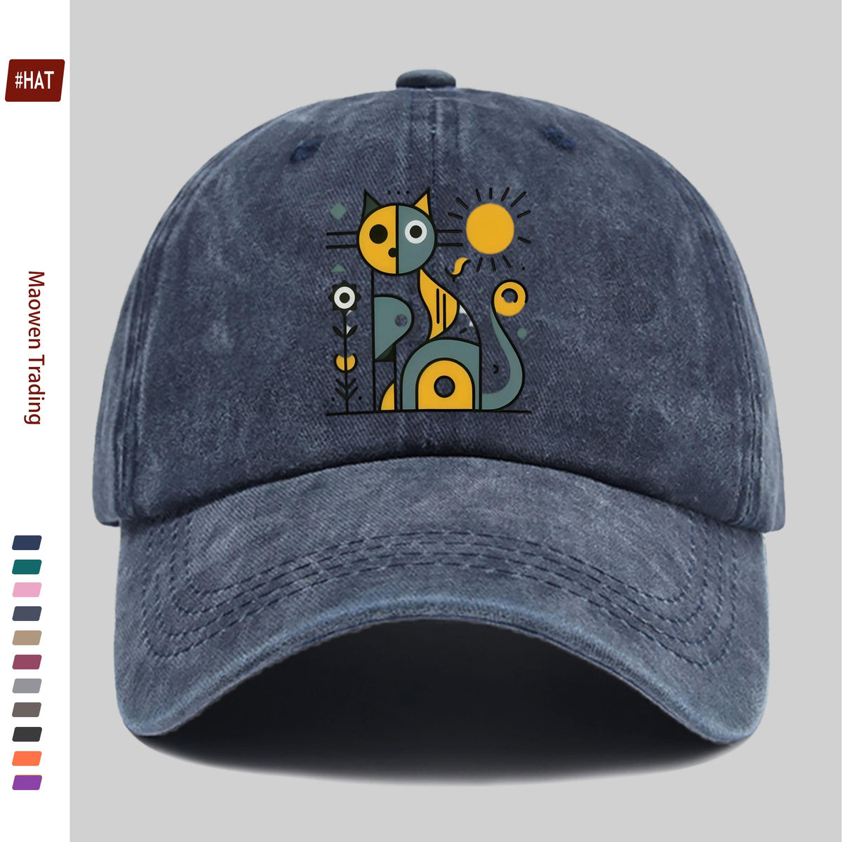 1 Abstract Cat and Sun Pattern Printed Baseball Cap, Unisex Design, Available in Multiple Colors, Papa Cap Is Comfortable, Lightweight, Washable, Vintage Style, American Street Skateboard Cap, Vintage Accessory, Exquisite Gift for Women, Fun and Cute