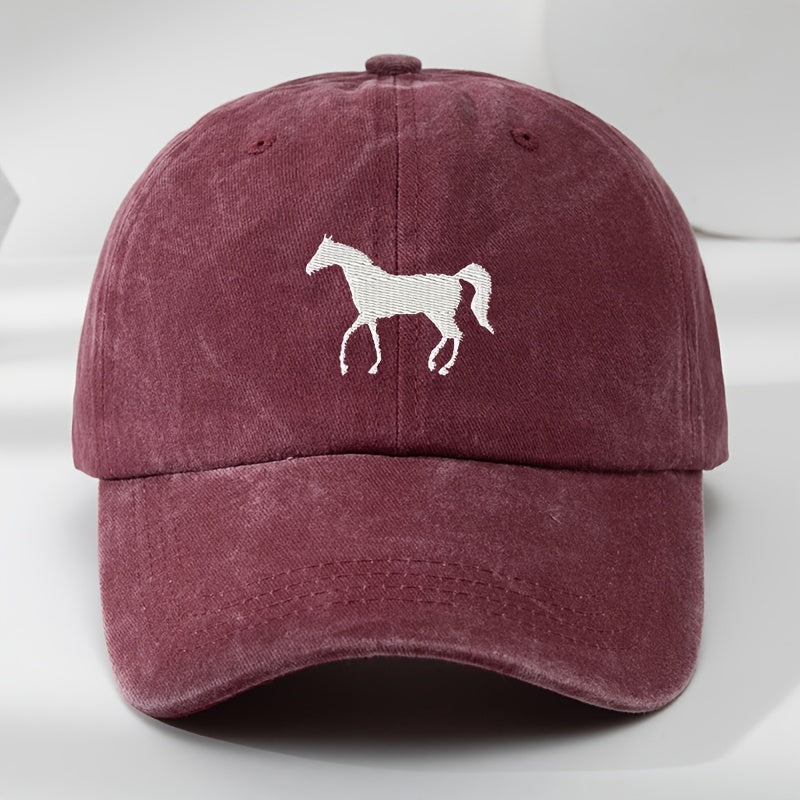 High-Quality White Horse Embroidered Baseball Cap, Washed Vintage Adjustable Duckbill Hat, Soft Top, Breathable, Sweat-Absorbing, Sun-Protective Trendy Hat
