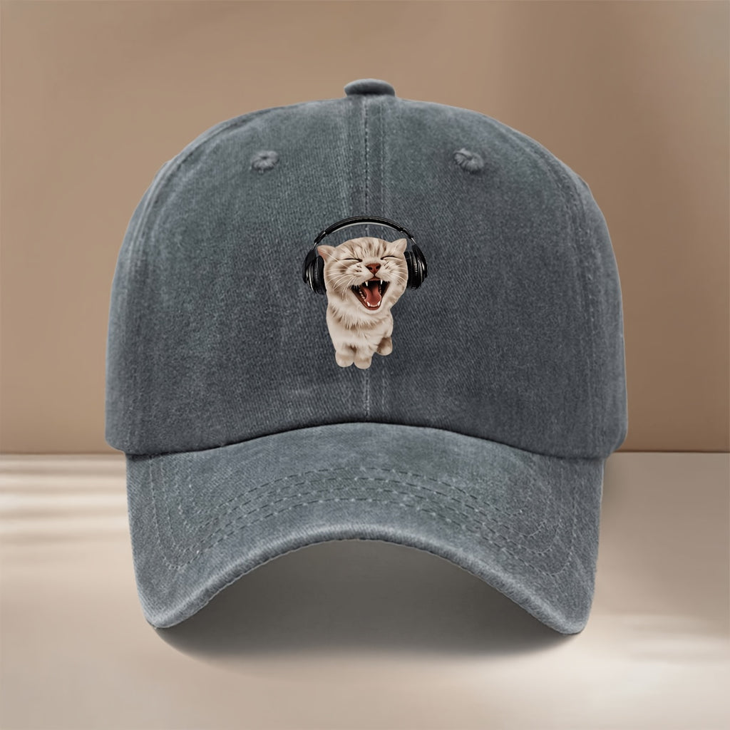 This Is a Baseball Cap with Printed Hi-Cat Wearing Headphones, Casual Adjustable Size Duckbill Hat Unisex Trendy Easy Curved Cap Outdoor Sports Dining Camping Matching Comfortable Individual 6-Panel Cap Sports Event Support Matching Lightweight Hip
