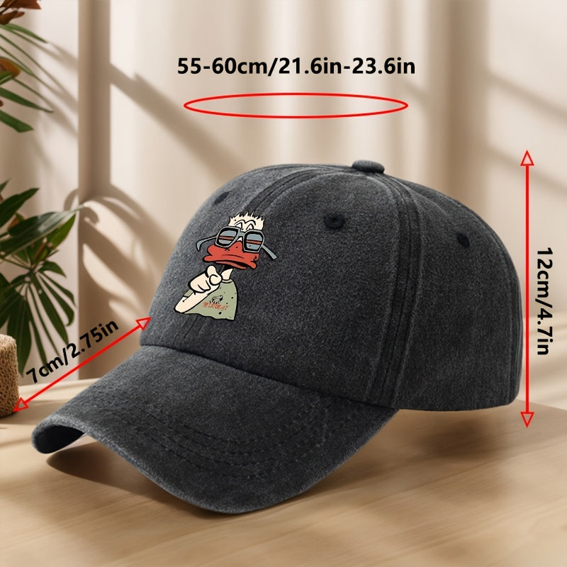 Cartoon Duck Print Baseball Cap Classic Washed Distressed Vintage Duckbill Hat Soft Comfortable Sweat-Absorbing Breathable Hat Outdoor Leisure Sports Hiking Camping Fishing Hat Individual Street Hip-Hop Hat