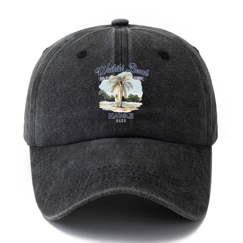 A Unisex Fashionable and Versatile Printed Hawaiian Waikiki Beach Baseball Cap, Featuring a Classic Vintage Washed Outdoor Lightweight Curved Brim. Suitable for Casual Occasions Such as Outdoor Vacations, Travel, and Camping, as Well as Holiday