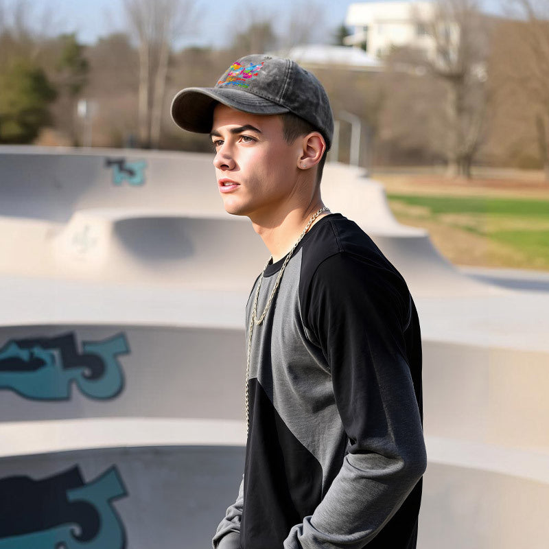 1pc of Vintage Washed Unisex Baseball Caps Featuring a Colorful Artistic Design of an Autism Awareness Butterfly. These Adjustable Caps Are Perfect for Outdoor Activities And Casual Wear, Making Them Great Gifts for Both Men And Women