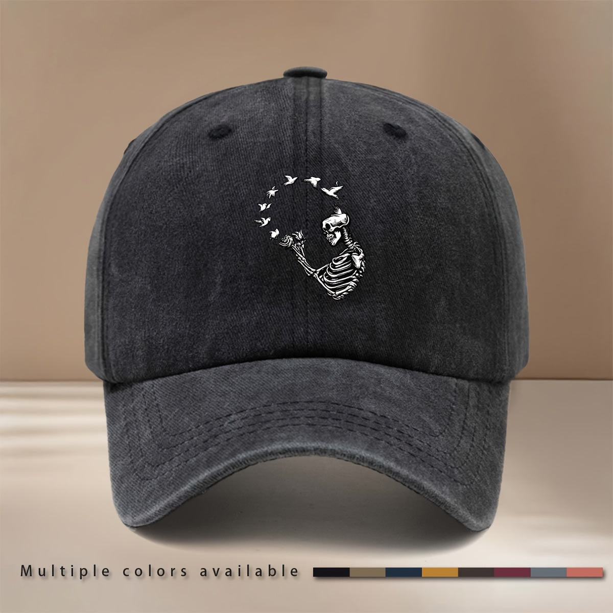 A Relaxed Six-Panel Baseball Cap Featuring a Skull And Bird Design, Suitable for Both Men And Women. This Vintage-Style Hat Is Perfect for Parties, Camping, And Hip-Hop Outfits. It'S Lightweight, Stylish, And Has a Comfortable Fit