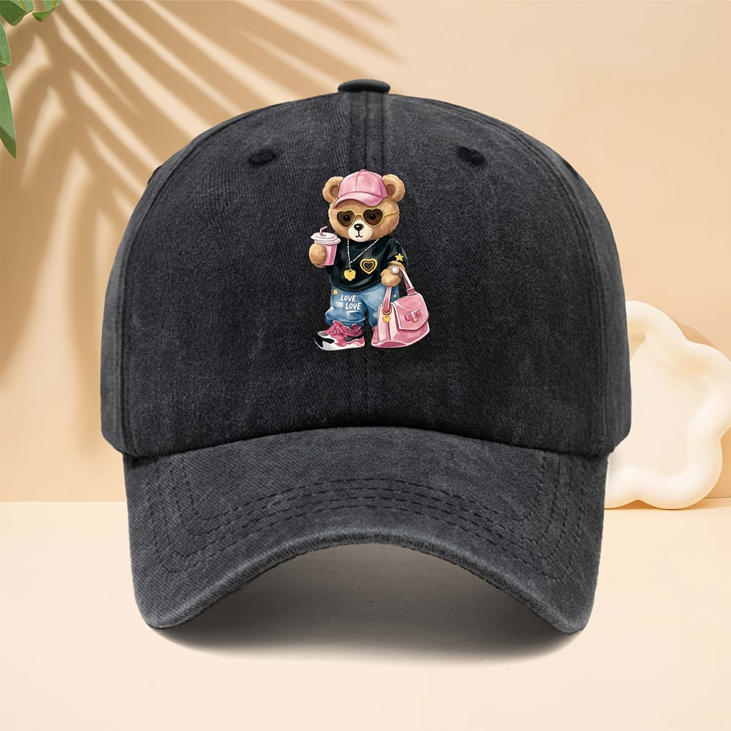 Baseball Cap with a Trendy and Cool Teddy Bear Print, Featuring an American Street-style Aesthetic. This Adorable and Fun Personality-driven Casual Snapback Is Perfect for Strolling, Shopping, Traveling, Gatherings, Vacations, and Parties. The Curved