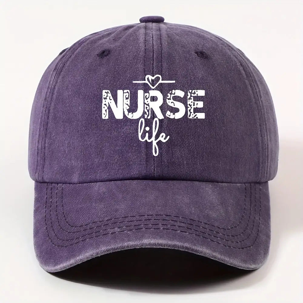 1 Fashion Nurse Letter Washed Baseball Cap Unisex Adjustable Brim Sun Hat Shopping Cycling Skateboarding Trendy Baseball Cap,  Casual Wear, Sporty Style, Geometric Pattern, Metal Buckle Closure, Durable Material, Unisex Headwear, Men And Women