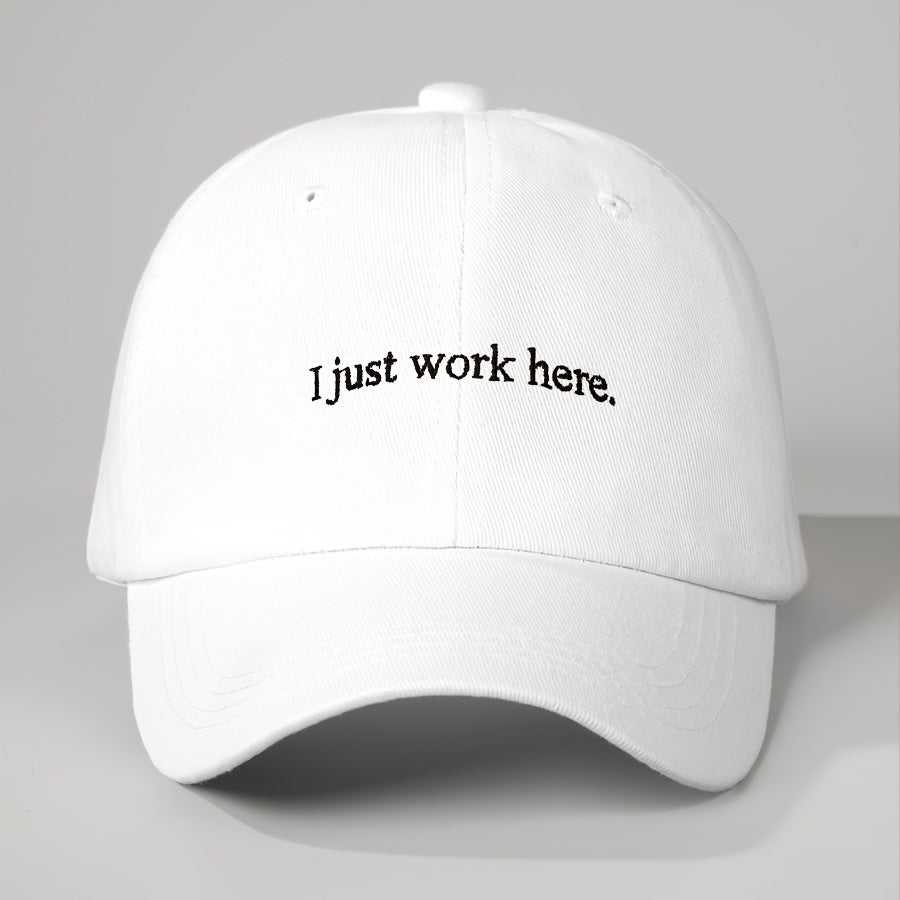1 Embroidered I Just Work Here Washed Baseball Cap, Classic Casual Fashion Retro Style, Soft and Sweat-absorbent, Adjustable Size, Lightweight, Multifunctional Retro Dad Hat, Suitable for Outdoor Sports, Daily Wear, Parties, Vacations