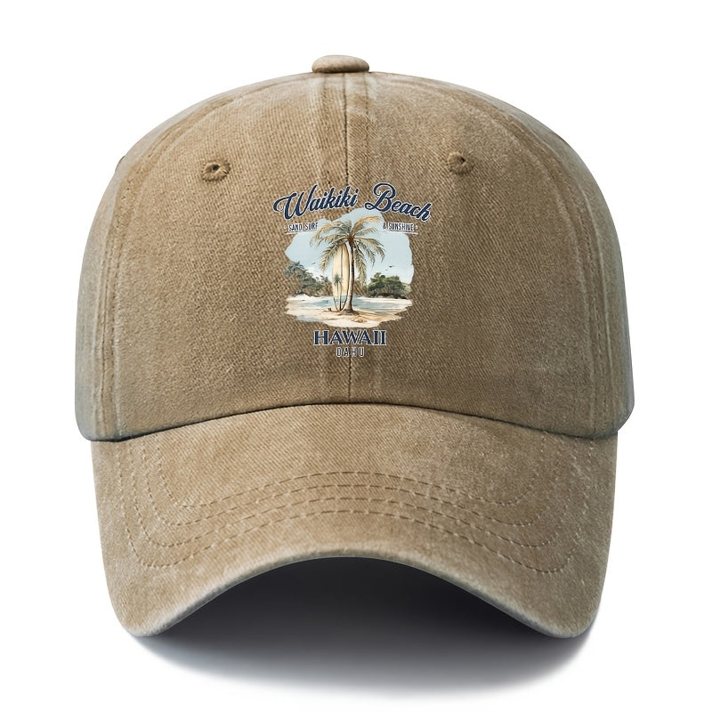 A Unisex Fashionable and Versatile Printed Hawaiian Waikiki Beach Baseball Cap, Featuring a Classic Vintage Washed Outdoor Lightweight Curved Brim. Suitable for Casual Occasions Such as Outdoor Vacations, Travel, and Camping, as Well as Holiday