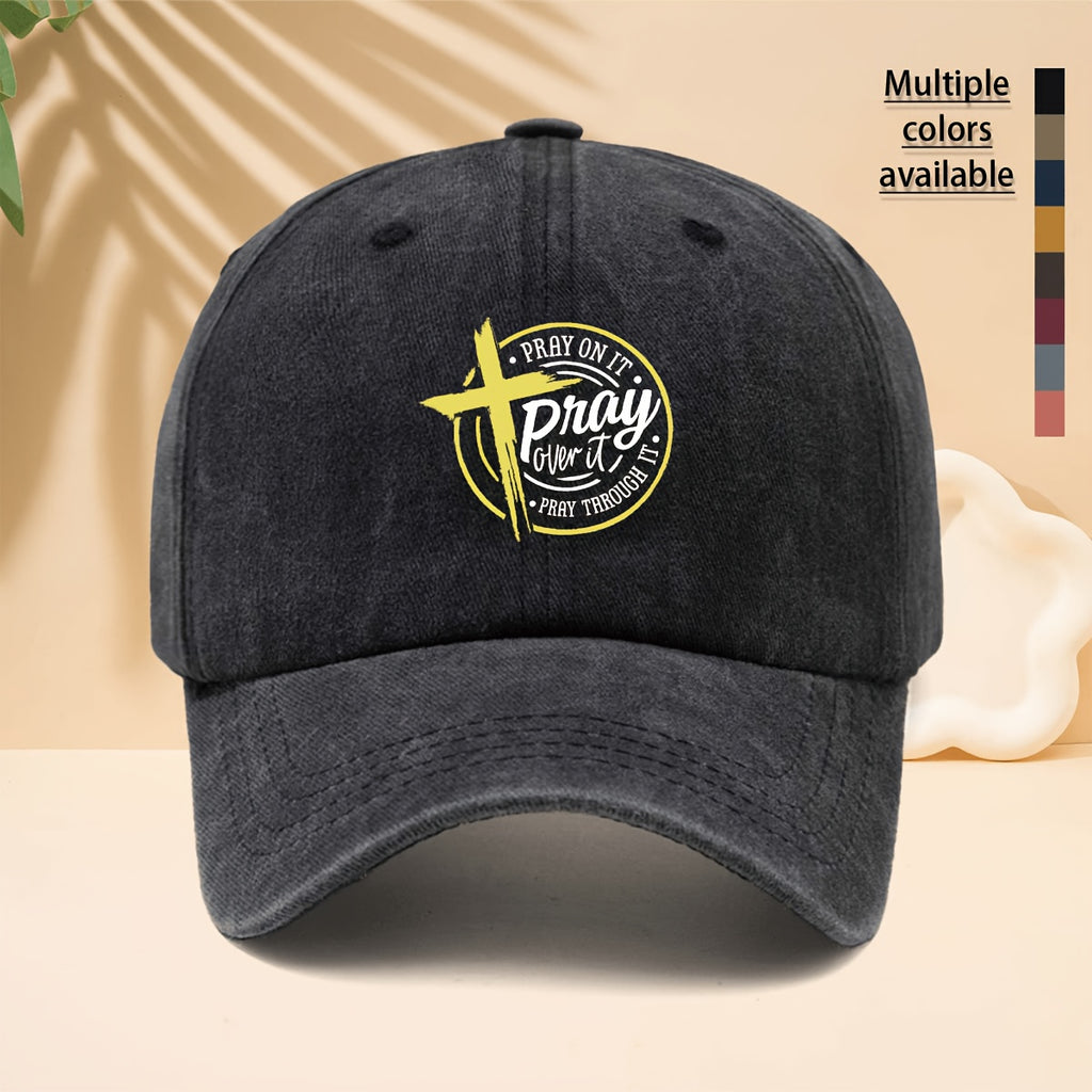 Yellow Cross Circle Pray Over It Pattern Printed Baseball Cap Reverent Retro Faith Design Style Curved Brim Hat for Walking, Gatherings, Dates, Shopping, Vacation, Travel