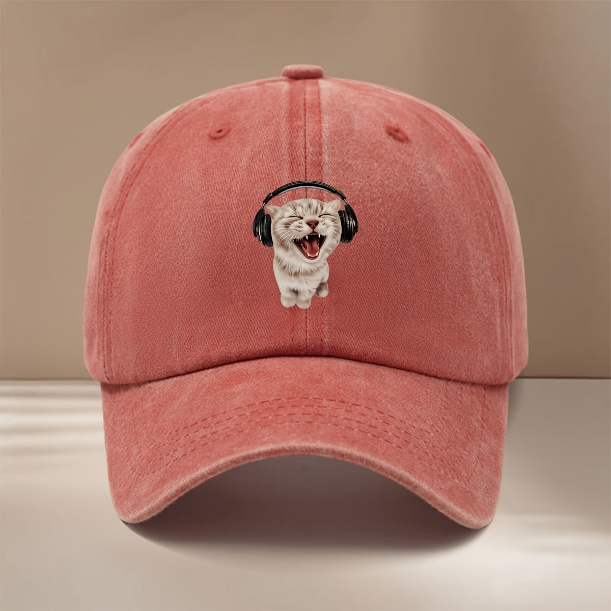 This Is a Baseball Cap with Printed Hi-Cat Wearing Headphones, Casual Adjustable Size Duckbill Hat Unisex Trendy Easy Curved Cap Outdoor Sports Dining Camping Matching Comfortable Individual 6-Panel Cap Sports Event Support Matching Lightweight Hip