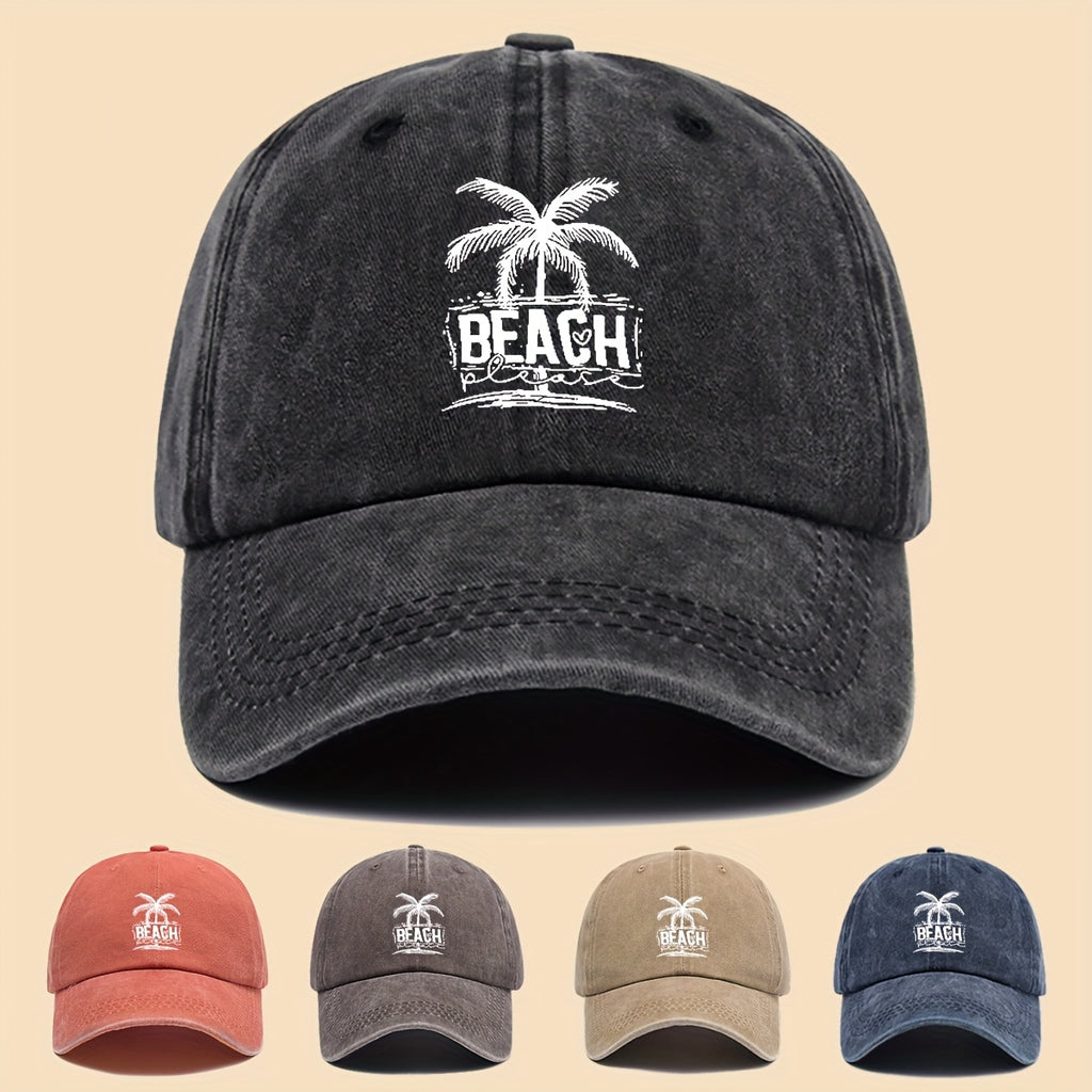 1pc Cool & Breezy Unisex Washed Baseball Cap | Tropical Palm Tree and Beach Print, Adjustable for Couples, Perfect for Surfing, Cycling, Hiking, and Parties - Polyester, Hand Wash Only