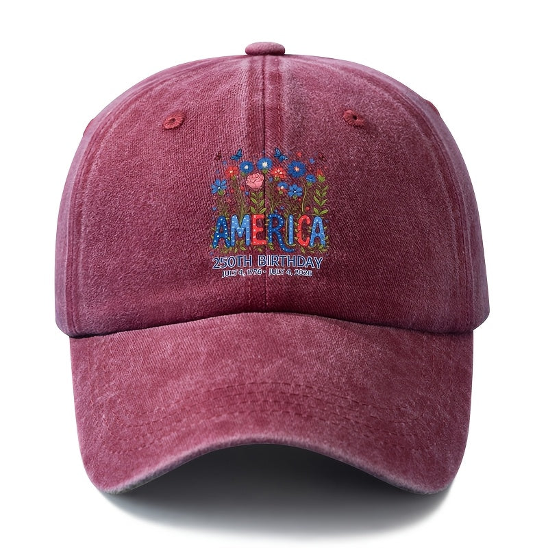 Special Baseball Cap for The 250Th Anniversary Celebration of The Founding of The United States, Unisex Printed Star And Stripe Floral Baseball Cap, Classic Retro Washed Lightweight Outdoor Curved Brim Cap, Trucker Baseball Cap, Suitable for Outdoor
