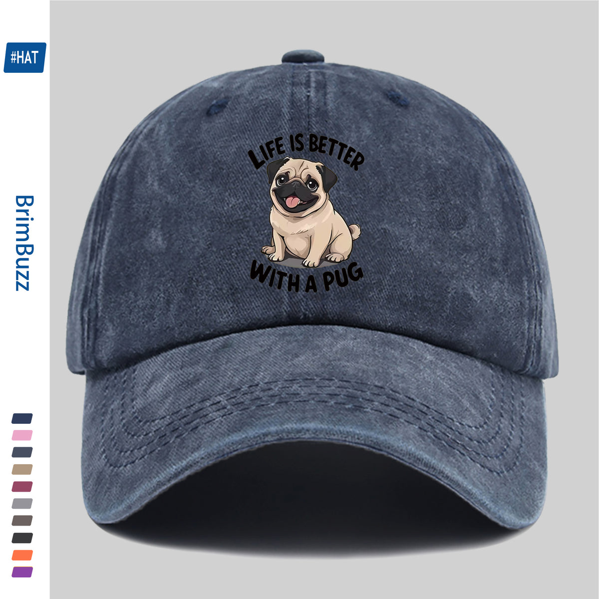 "Life Is Better with Pug" Baseball Cap | Lightweight And Adjustable, Made of Polyester, Suitable for Outdoor Activities, Travel, And Leisure, Vintage Style, with Embossed And Printed Maps
