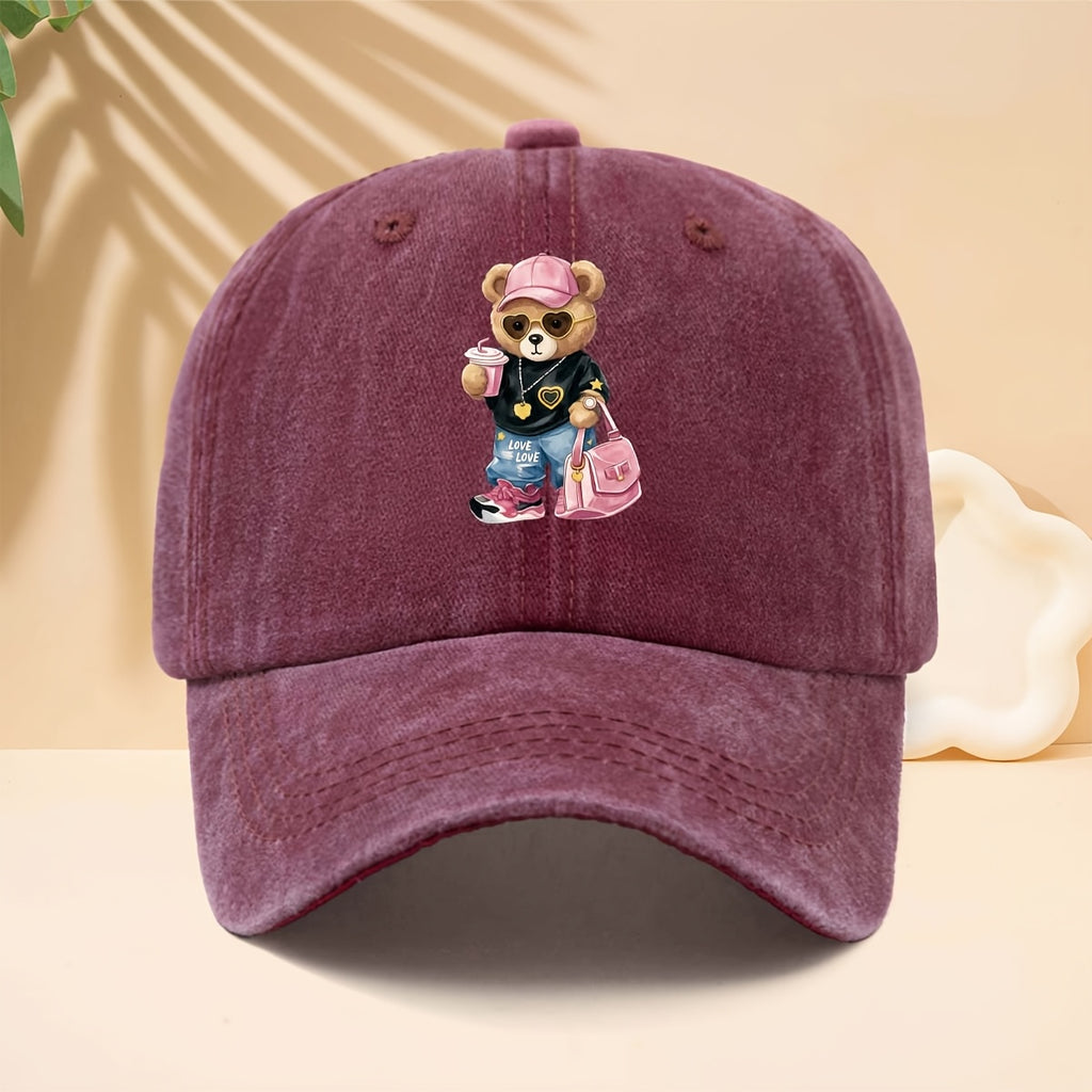 Baseball Cap with a Trendy and Cool Teddy Bear Print, Featuring an American Street-style Aesthetic. This Adorable and Fun Personality-driven Casual Snapback Is Perfect for Strolling, Shopping, Traveling, Gatherings, Vacations, and Parties. The Curved