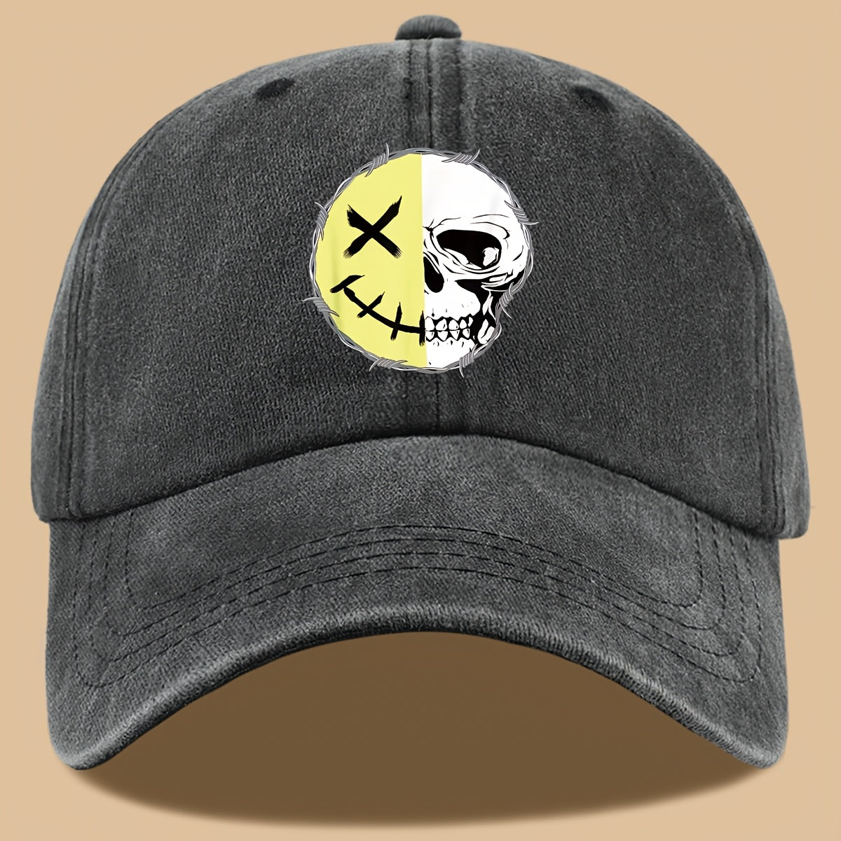 1pc Creative Smiling Face Half Skull Print Baseball Cap, Urban Casual Headwear, Individual All-Match Casual Clothing Accessory, Men And Women Outdoor Universal Dad Hat, Adjustable Size, Breathable Comfortable Vintage Black Papa Trucker Hat