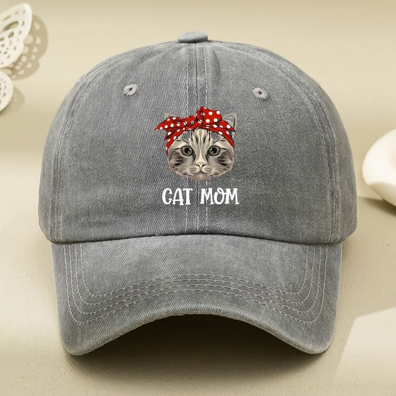 CAT MOM Cartoon Print Washed Vintage Soft Top Baseball Cap, Unisex, Washed Vintage Cap, Men's Hat, Women's Hat