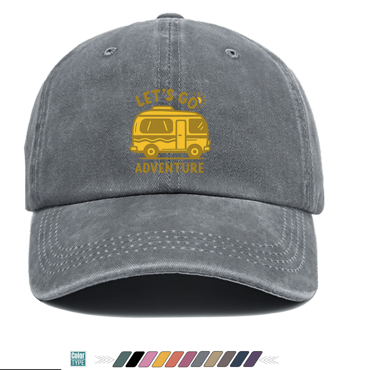 1pc "LET's GO ADVENTURE" Camper Van Print Baseball Cap, Vintage Yellow RV Pattern Sun Hat, Fashionable Casual Sun Hat, Unisex Adjustable Duckbill Cap for Outdoor Adventures, Road Trips, Camping Picnics, Weekend Outings, Park Strolls, Beach Vacations