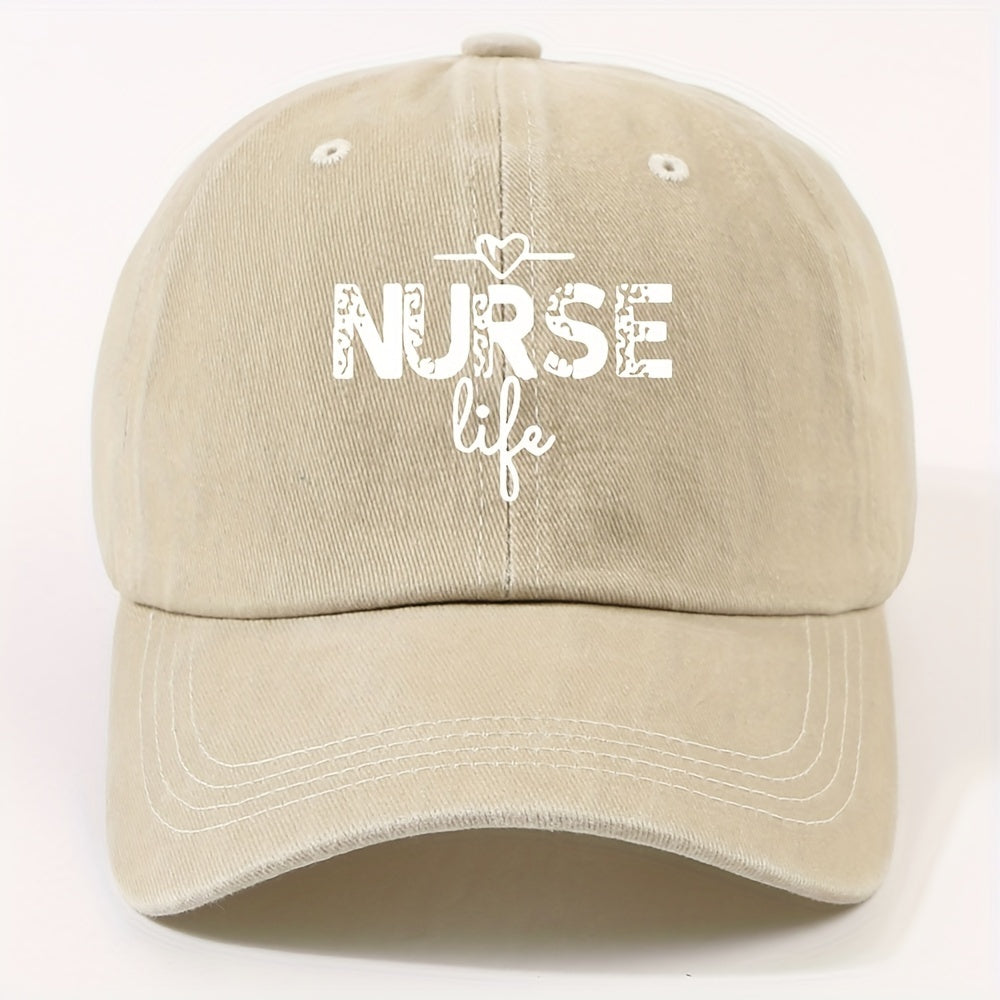 1 Fashion Nurse Letter Washed Baseball Cap Unisex Adjustable Brim Sun Hat Shopping Cycling Skateboarding Trendy Baseball Cap,  Casual Wear, Sporty Style, Geometric Pattern, Metal Buckle Closure, Durable Material, Unisex Headwear, Men And Women