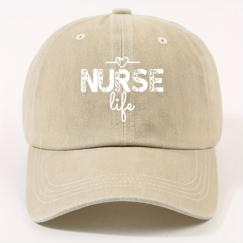 1 Fashion Nurse Letter Washed Baseball Cap Unisex Adjustable Brim Sun Hat Shopping Cycling Skateboarding Trendy Baseball Cap,  Casual Wear, Sporty Style, Geometric Pattern, Metal Buckle Closure, Durable Material, Unisex Headwear, Men And Women