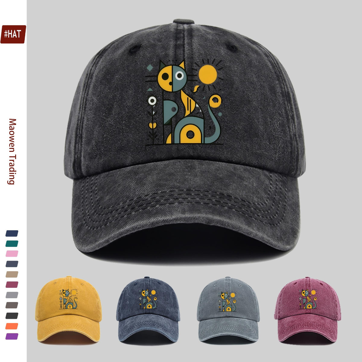 1 Abstract Cat and Sun Pattern Printed Baseball Cap, Unisex Design, Available in Multiple Colors, Papa Cap Is Comfortable, Lightweight, Washable, Vintage Style, American Street Skateboard Cap, Vintage Accessory, Exquisite Gift for Women, Fun and Cute