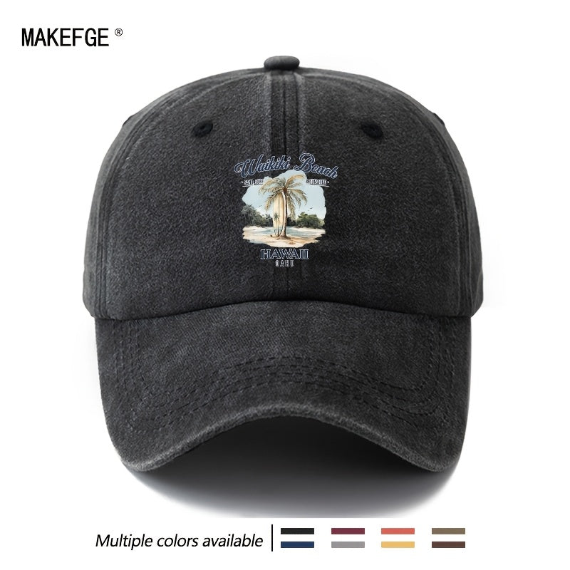 A Unisex Fashionable and Versatile Printed Hawaiian Waikiki Beach Baseball Cap, Featuring a Classic Vintage Washed Outdoor Lightweight Curved Brim. Suitable for Casual Occasions Such as Outdoor Vacations, Travel, and Camping, as Well as Holiday