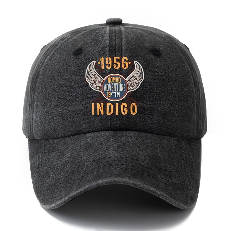 A Unisex Fashionable and Versatile 1956 INDIGO Printed Baseball Cap, Featuring a Classic Vintage Washed Outdoor Lightweight Curved Brim. This Trucker Baseball Cap Is Suitable for Casual Occasions Such as Outdoor Vacations, Travel, and Camping