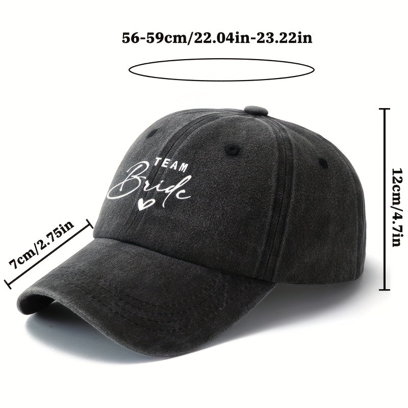 A Stylish Unisex Printed Baseball Cap Featuring a Curved Brim And The Words 'TEAM Bride'. This Trendy And Lightweight Sun Hat Is Perfect for Outdoor Activities Like Traveling And Camping, Suitable for Both Men And Women