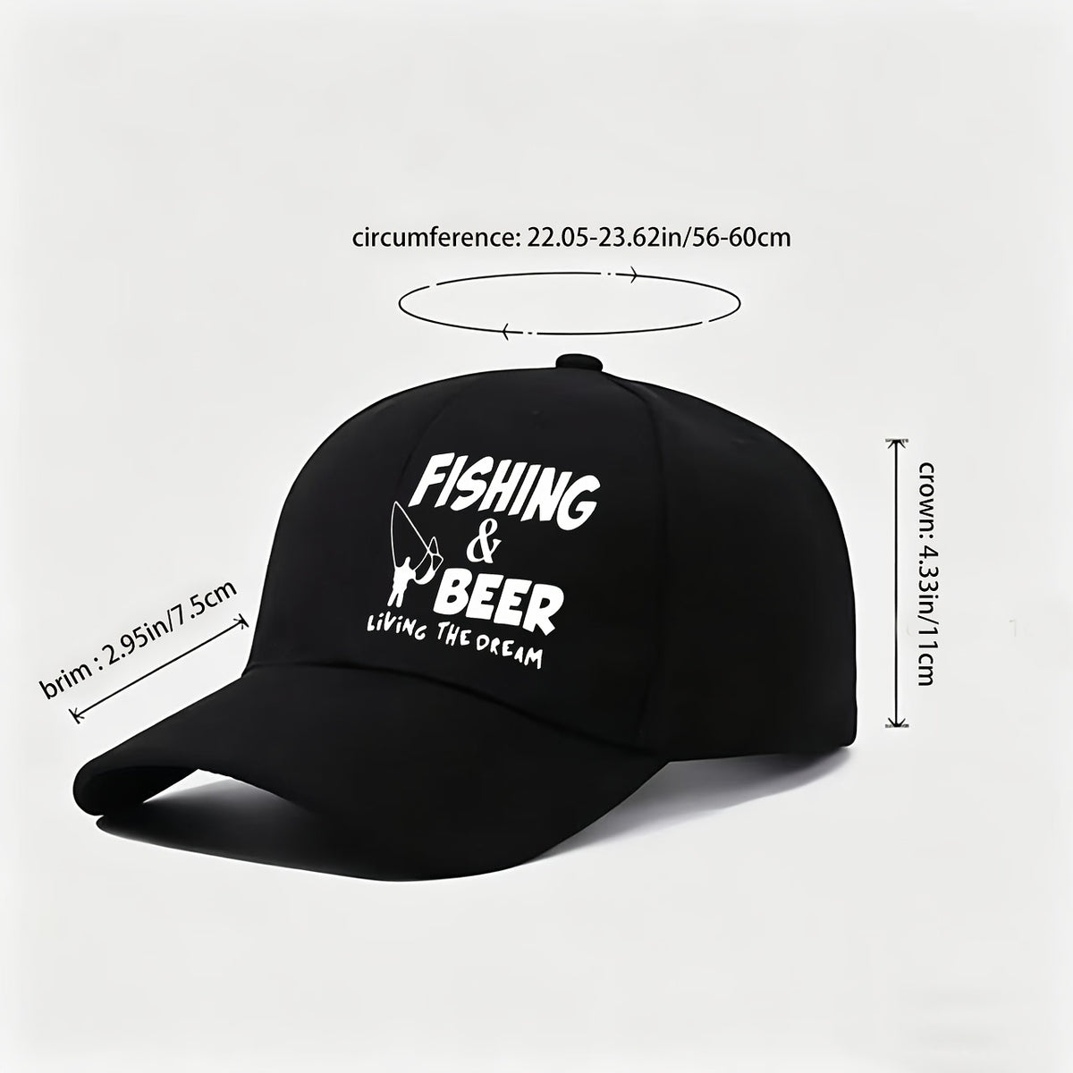 A Baseball Cap with "Fishing And Beer, Live The Dream" Print And Fishing Rod Design, Adjustable And Lightweight for Angler Lifestyle. Hobby-Themed Gift for Fishermen, Hand-Washable Outdoor Accessory