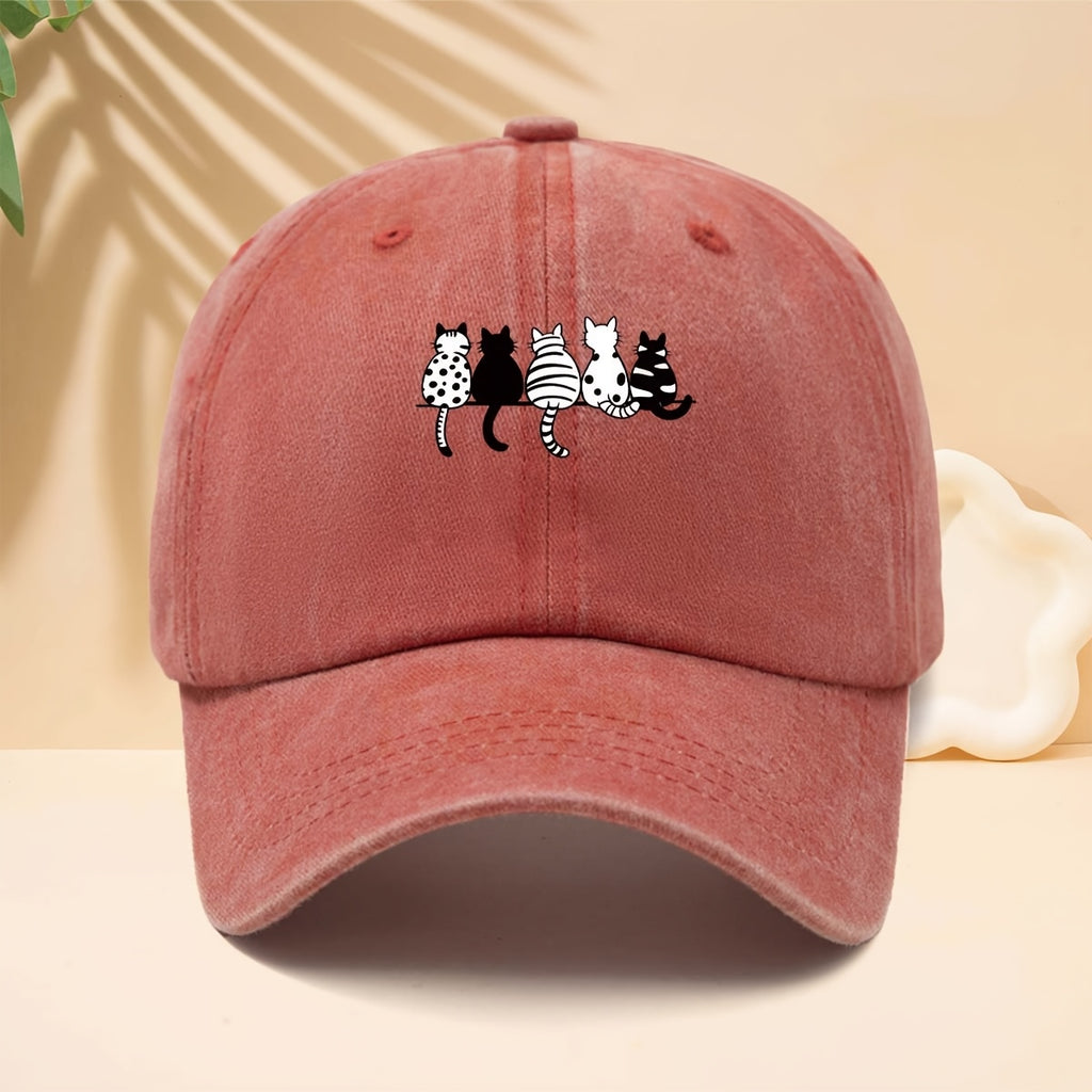 Baseball Cap with Black And White Cat Back Print, American Healing Soft Cute Cat Fun Casual Style Curved Brim Hat for Walking, Gatherings, Dates, Shopping, Vacation, Travel