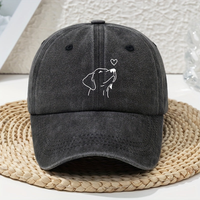 Women's Vintage Washed White Baseball Cap with Black Labrador Print- Soft and Lightweight All-Season Non-Elastic Cap, Wide Brim Design, Suitable for Leisure and Dog Walking, Hand Washable Pet Lover Accessory, Women's Hat, Women's Hat, Women's Hat, W