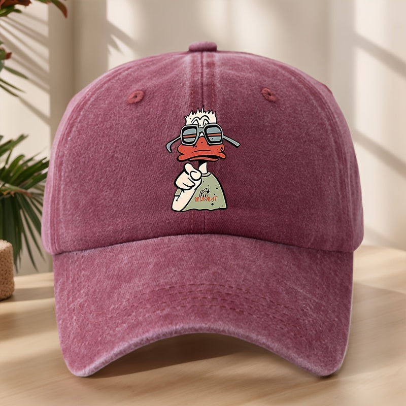 Cartoon Duck Print Baseball Cap Classic Washed Distressed Vintage Duckbill Hat Soft Comfortable Sweat-Absorbing Breathable Hat Outdoor Leisure Sports Hiking Camping Fishing Hat Individual Street Hip-Hop Hat