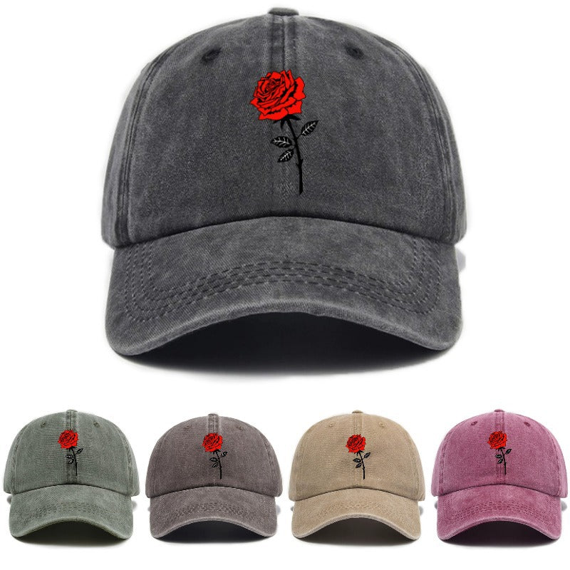 Washed Distressed Printed Baseball Cap Adult Easy Casual Style Rose Flower Print Washed Distressed Soft Top Vintage Baseball Cap Unisex All-Match Hat