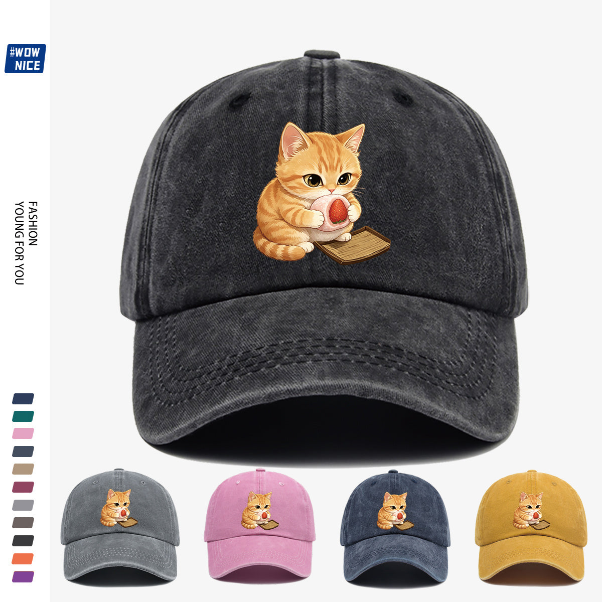 1pc Orange Striped Kitten Holding Strawberry Big Stamp Pattern Baseball Cap, Cute And Playful Fashion Casual Unisex Adjustable Size, Daily Outing, Coffee Shop Gathering, Park Stroll, Shopping Fun, Best Friend Date, Weekend Picnic, Relaxed Commute