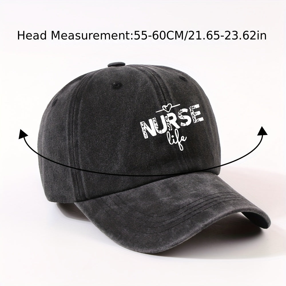 1 Fashion Nurse Letter Washed Baseball Cap Unisex Adjustable Brim Sun Hat Shopping Cycling Skateboarding Trendy Baseball Cap,  Casual Wear, Sporty Style, Geometric Pattern, Metal Buckle Closure, Durable Material, Unisex Headwear, Men And Women