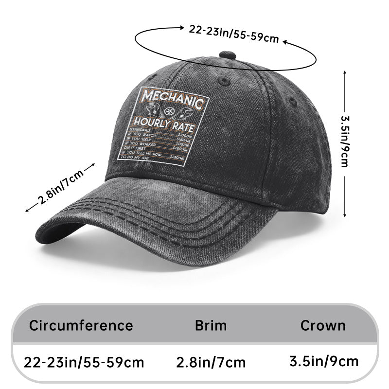 1pc Vintage Washed Unisex Baseball Caps, Mechanic Hourly Rate, Vintage Mechanic Design Print, Adjustable, Suitable for Outdoor Activities and Casual Wear, Gifts for Men and Women, Friends.