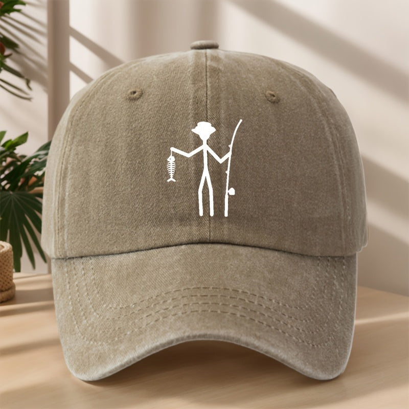 Creative Design Fishing Print Baseball Cap Classic Washed Vintage Duckbill Hat Soft Comfortable Sweat-Absorbing Breathable Hat Outdoor Leisure Sports Fishing Camping Adjustable Sun Hat