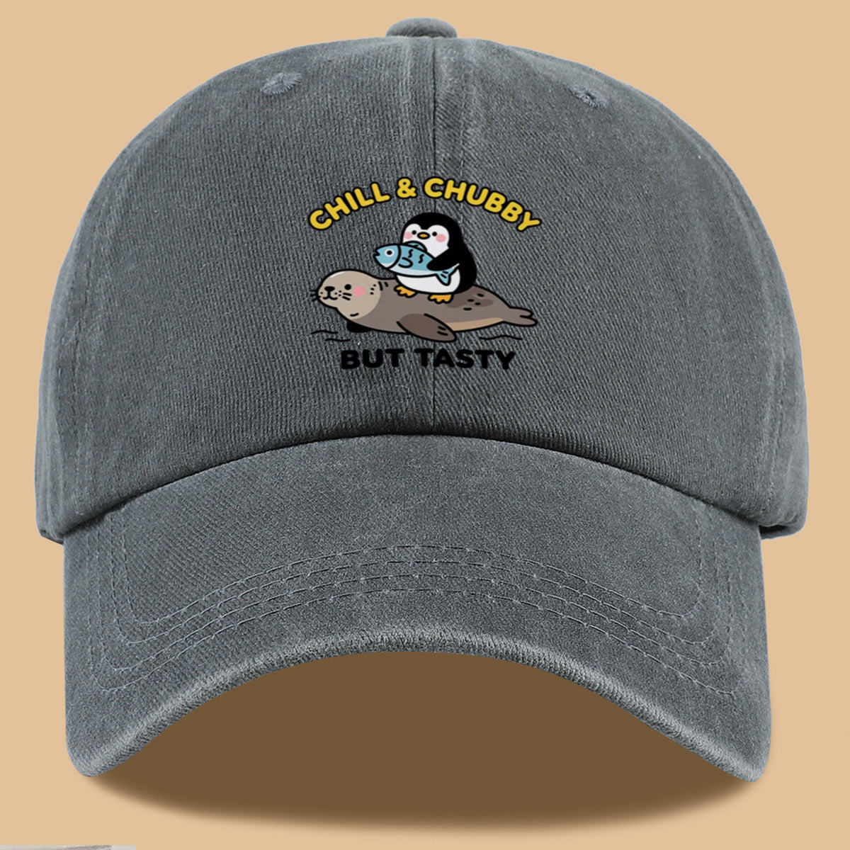 1pc 1pcs "CHILL & CHUBBY BUT TASTY" Penguin Hugging Fish on Seal Print Baseball Cap - Cute Duckbill Cap Suitable for Daily Outfits, Beach Vacations, Student Style, Adjustable Unisex Hat for &, Creative, Park Picnics