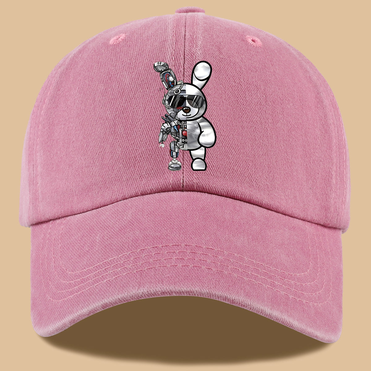 1pc Trendy Creative Cyberpunk Style Mechanical Rabbit Pattern Printed Baseball Cap, Lightweight Comfortable Breathable Sun Hat, Fashionable Easy Aesthetic Men And Women'S Cap, Adjustable Size, Trucker Dad Hat, Mom'S Beach Vacation Hat