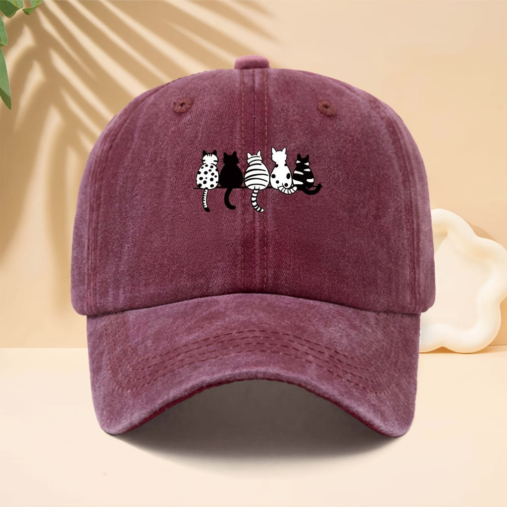 Baseball Cap with Black And White Cat Back Print, American Healing Soft Cute Cat Fun Casual Style Curved Brim Hat for Walking, Gatherings, Dates, Shopping, Vacation, Travel