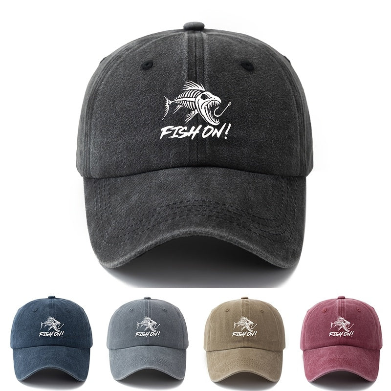 1 Unisex Fashion Printed Fishbone FISH ON Baseball Cap | Classic Vintage Washed Lightweight Curved Brim, Ideal for Outdoor Travel, Camping, Casual Daily Wear, Hip-Hop Festivals |, Woven, Brand: MAKEFGE