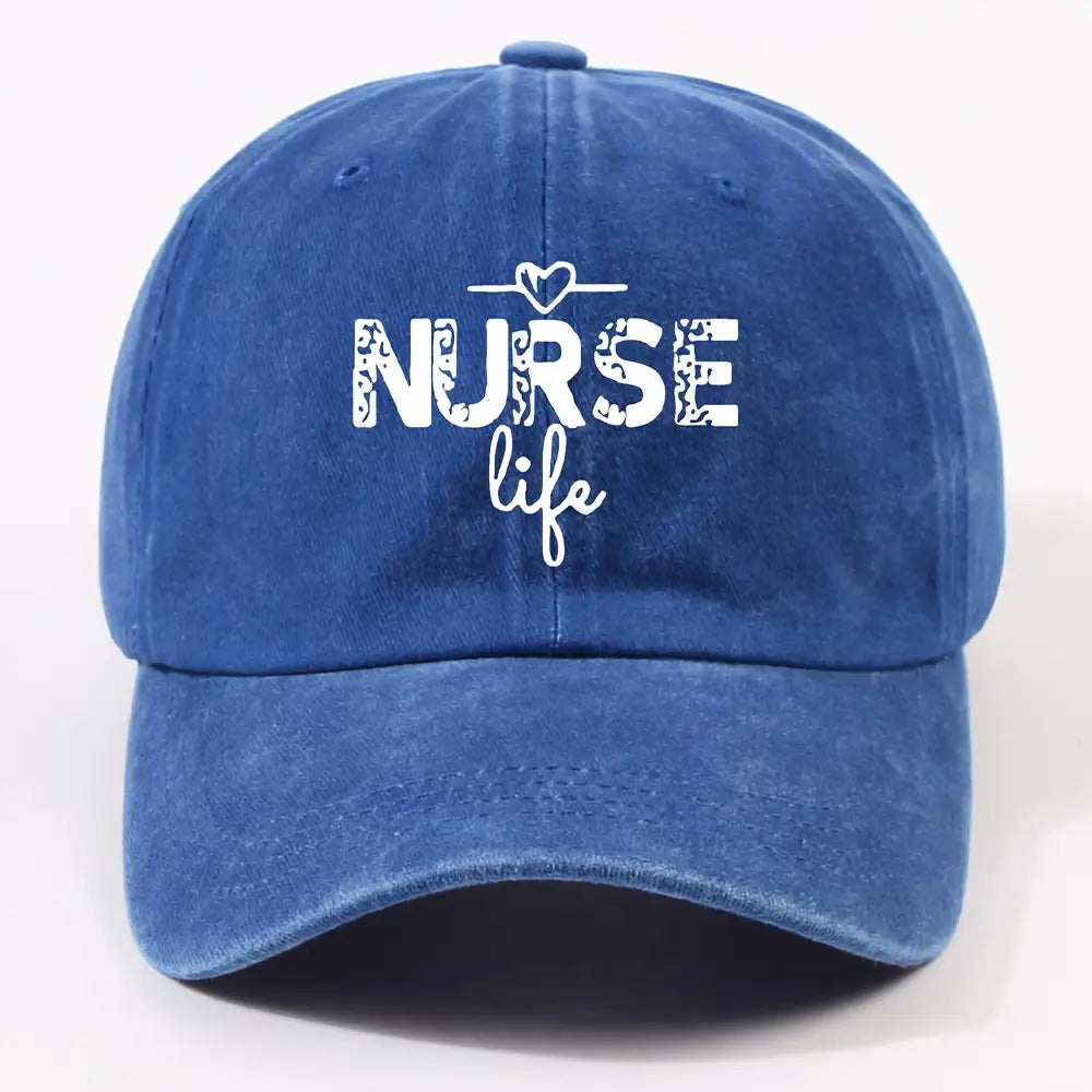 1 Fashion Nurse Letter Washed Baseball Cap Unisex Adjustable Brim Sun Hat Shopping Cycling Skateboarding Trendy Baseball Cap,  Casual Wear, Sporty Style, Geometric Pattern, Metal Buckle Closure, Durable Material, Unisex Headwear, Men And Women